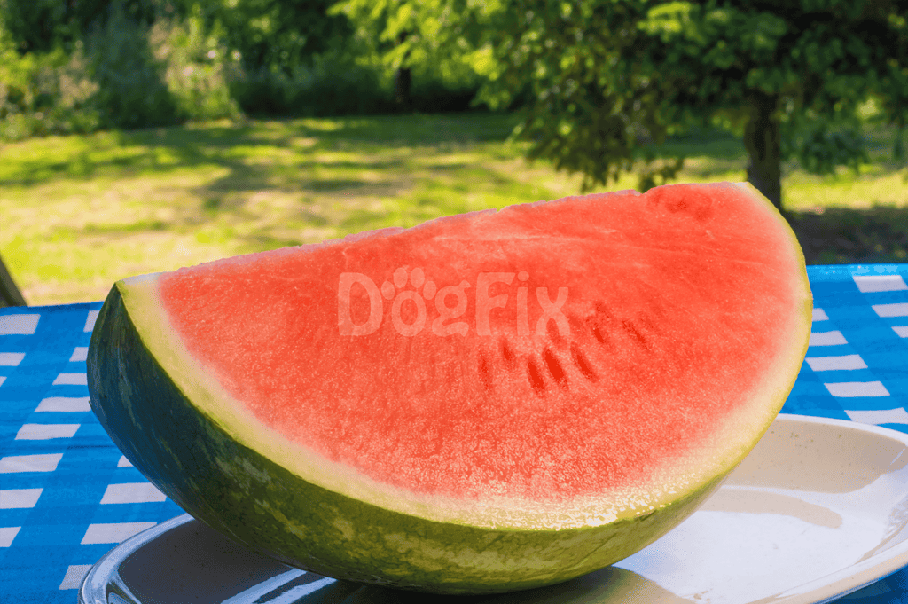 Fresh juicy watermelon slice outdoors with green trees in the background.