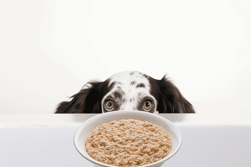 Adorable dog looking at a bowl of wet dog food on white background.