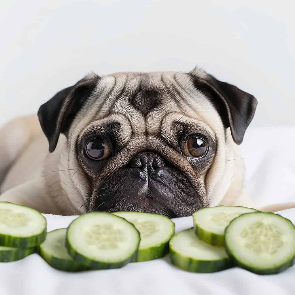 Adorable pug dog lying with cucumber slices in front, perfect for pet care and dog health articles.