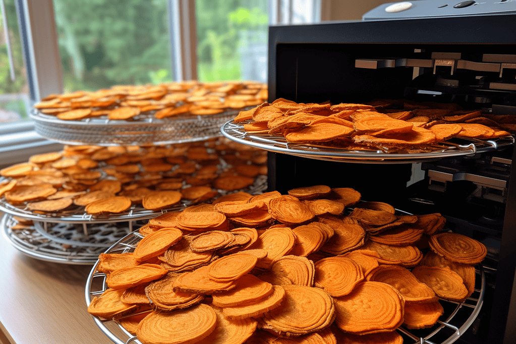 Dehydrated sweet potatoes drying on racks for healthy dog treats.