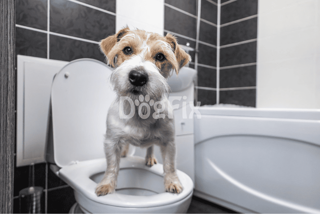 Dog on toilet in bathroom, pet hygiene, dog comfort, pet care.