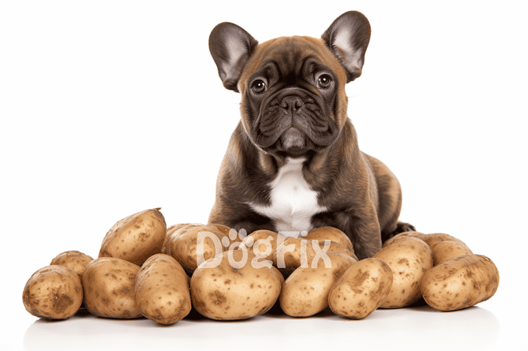 Adorable French Bulldog puppy sitting among fresh potatoes. Perfect for pet and vegetable lovers.