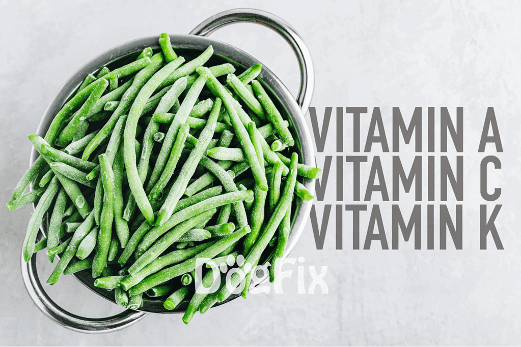 Bright green beans in a bowl with vitamin labels overlay.