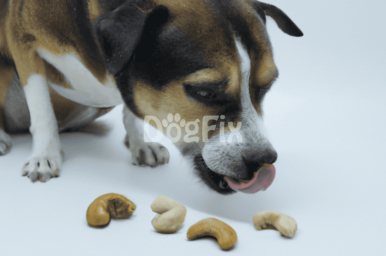 Close-up of a playful dog with a variety of healthy nuts as treats.