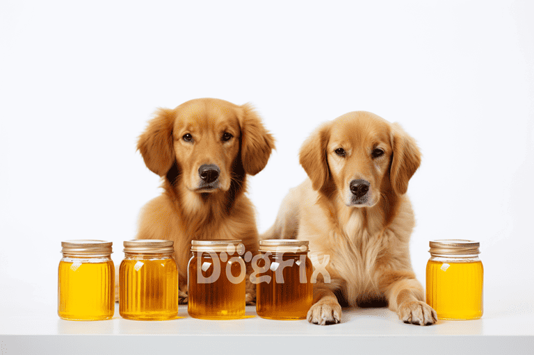 A pair of adorable Golden Retrievers sitting with jars of dog supplements on a white background.