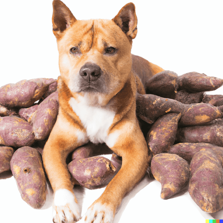 Alt text: Healthy dog-friendly sweet potatoes surrounded by raw sweet potatoes on white background.