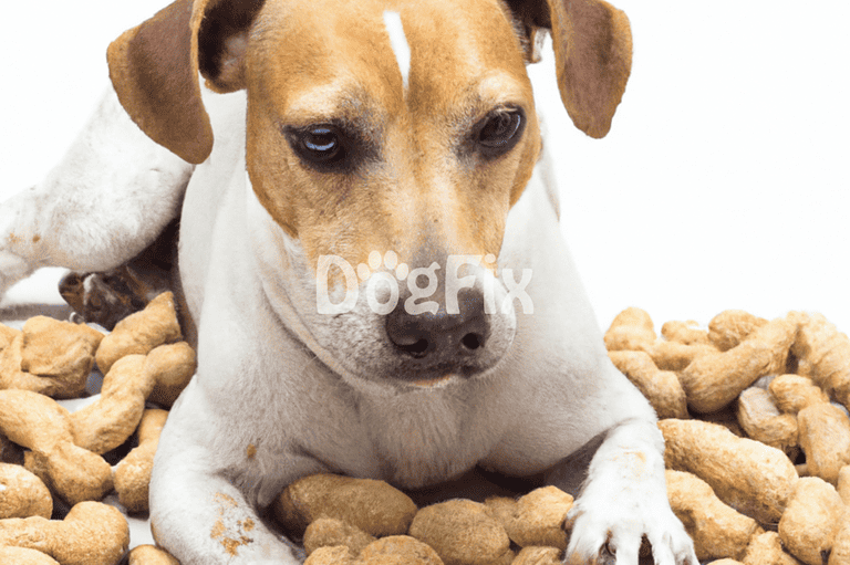 Close-up of a dog with treats surrounding it, highlighting dog care and treat options.
