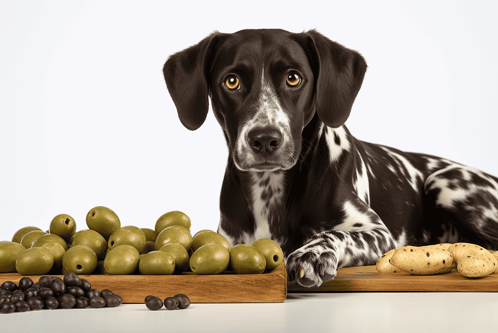 Dog sitting with healthy snacks, olives and cookies.