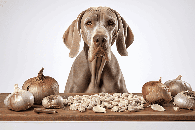 Dog with garlic, onions, and fennel on a wooden table.