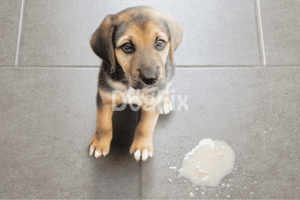 Adorable puppy sitting on gray floor near spilled milk, cute and youthful dog, pet care.