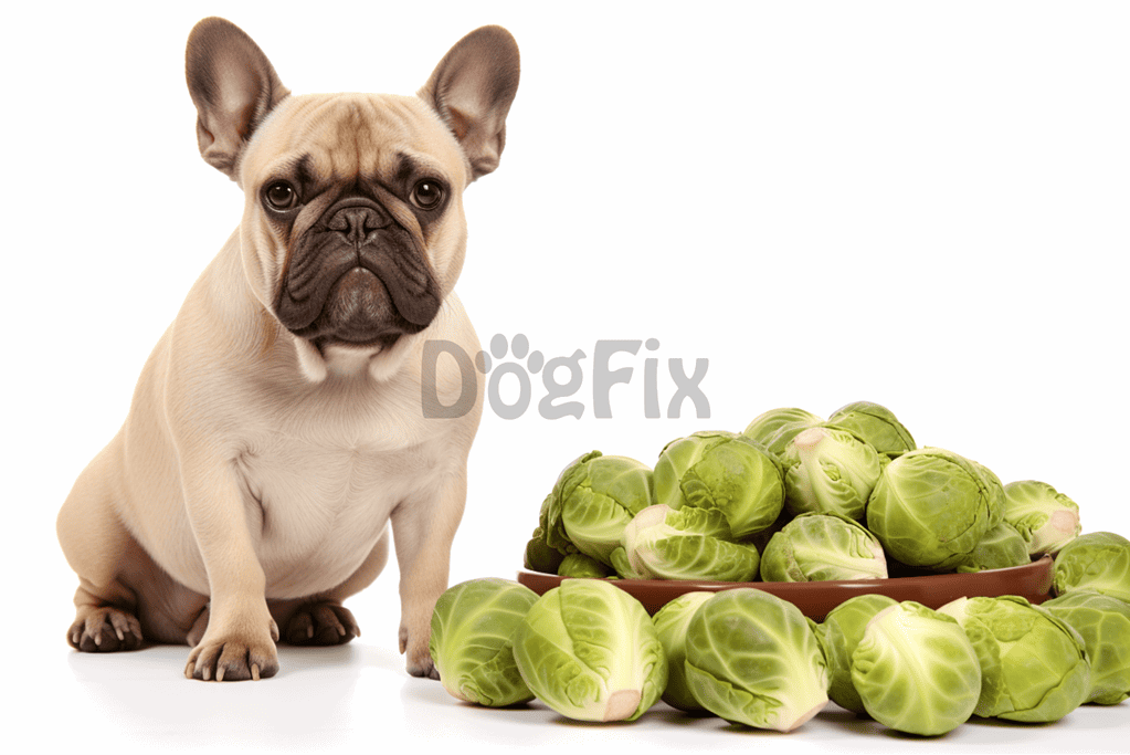 French Bulldog with Brussels sprouts for healthy dog diet.