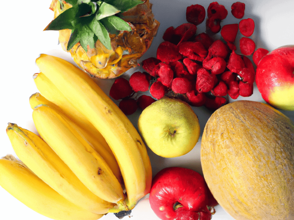 Colorful array of bananas, apples, pineapple, and berries for dogs' healthy snacks.