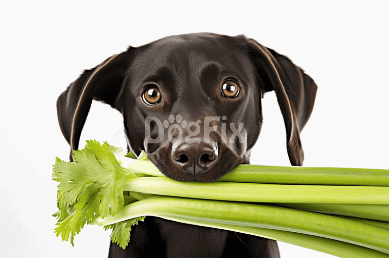 Dog holding fresh celery sticks in mouth for a healthy treat.