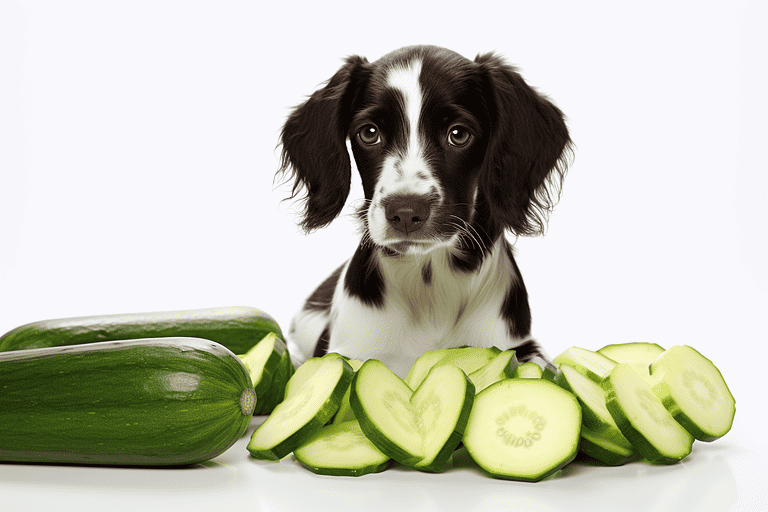 Adorable dog with cucumbers, healthy pet snack, natural dog treats, canine diet food, green dog treats, pet nutrition.