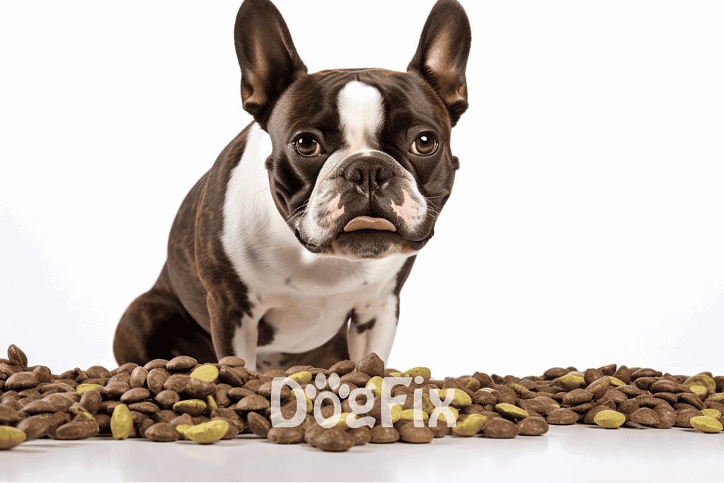 Healthy dog treats with a Boston Terrier puppy on a white background for pet nutrition.