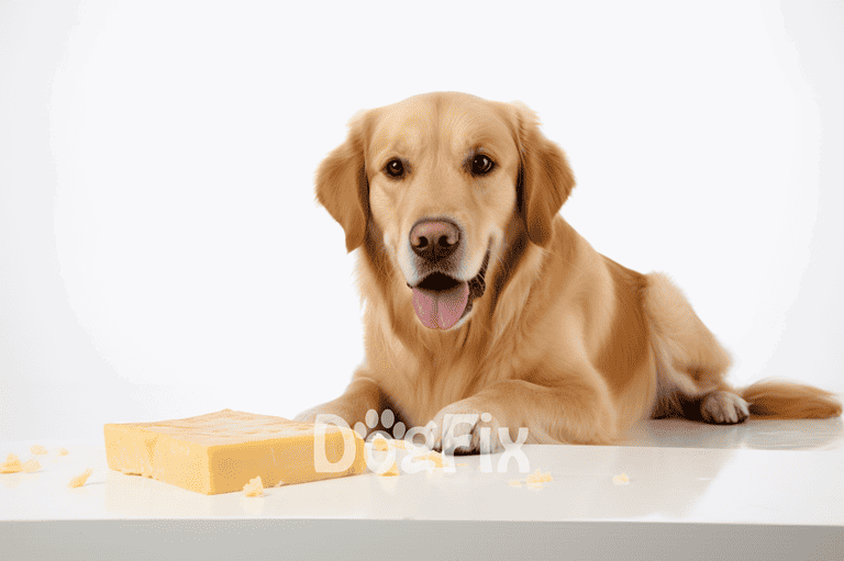 Happy Golden Retriever with cheese, litter on white background.