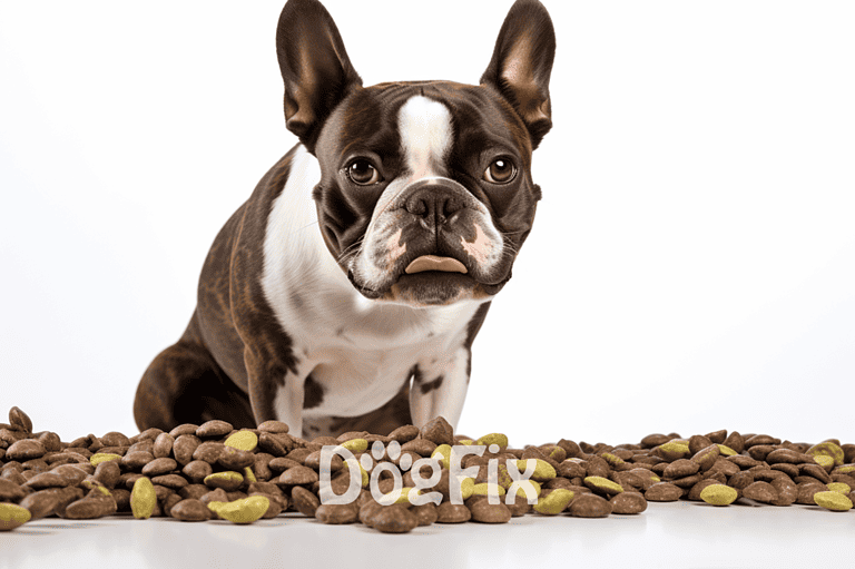 Healthy dog treats with a Boston Terrier puppy on a white background for pet nutrition.