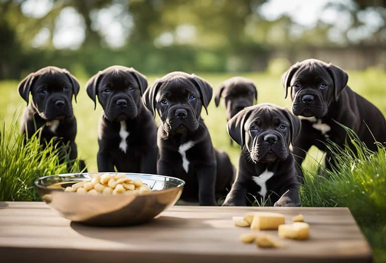 Cute black puppies with white chest patches looking at food dish.