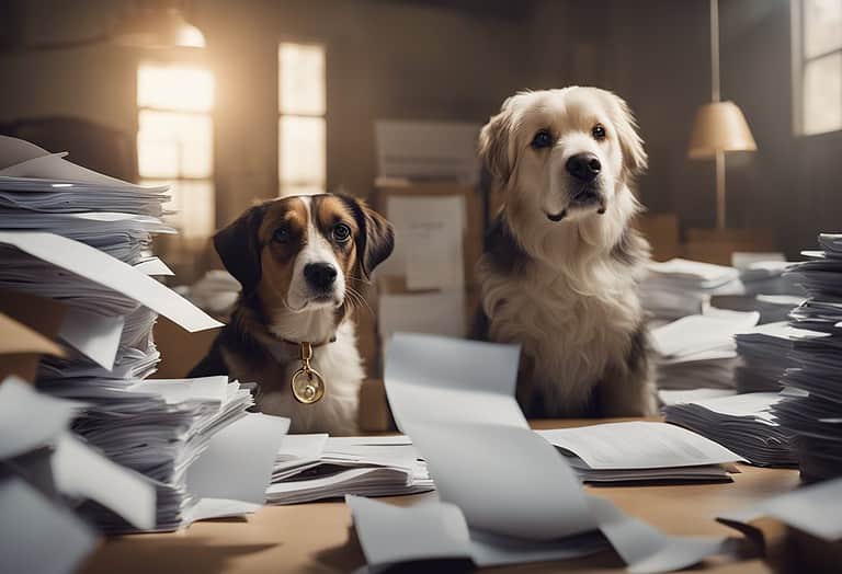 Dogs sitting at a desk surrounded by piles of papers and files.