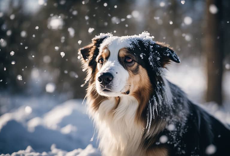 Dog enjoying snowy outdoor adventure.