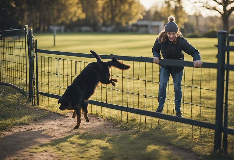 Playful dog jumping over fence during training session.