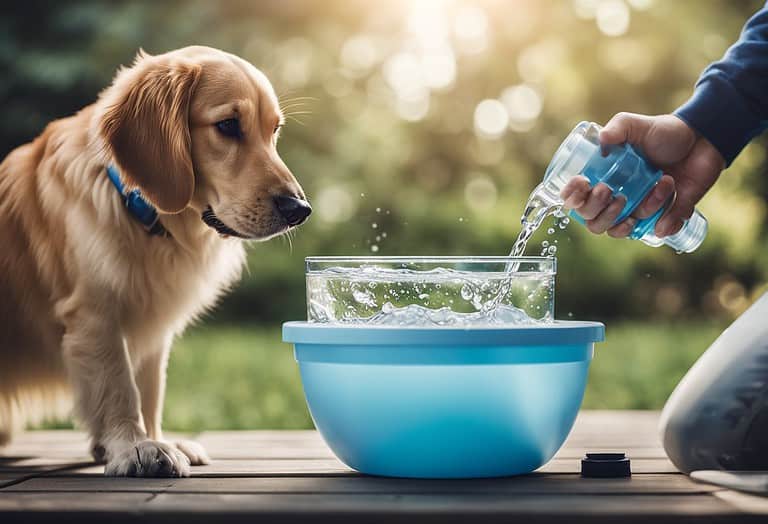 Dog drinking water from a splash-proof bowl in outdoor park.