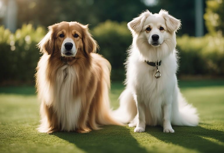 Adorable fluffy dogs sitting outdoors on green grass, enjoying a sunny day in the park.