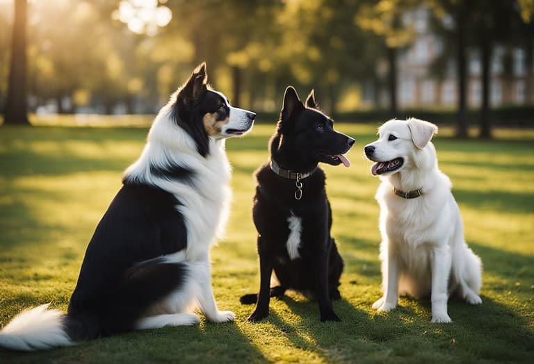 Alt text: Three dogs sitting on grass in a park during sunset, socializing peacefully.