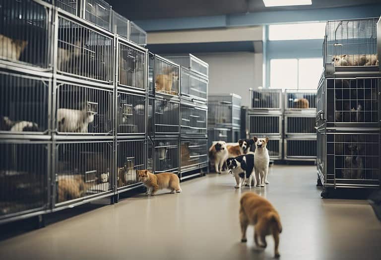 Indoor dog shelter with spacious kennels housing various dogs, showcasing pet care and dog rescue services.