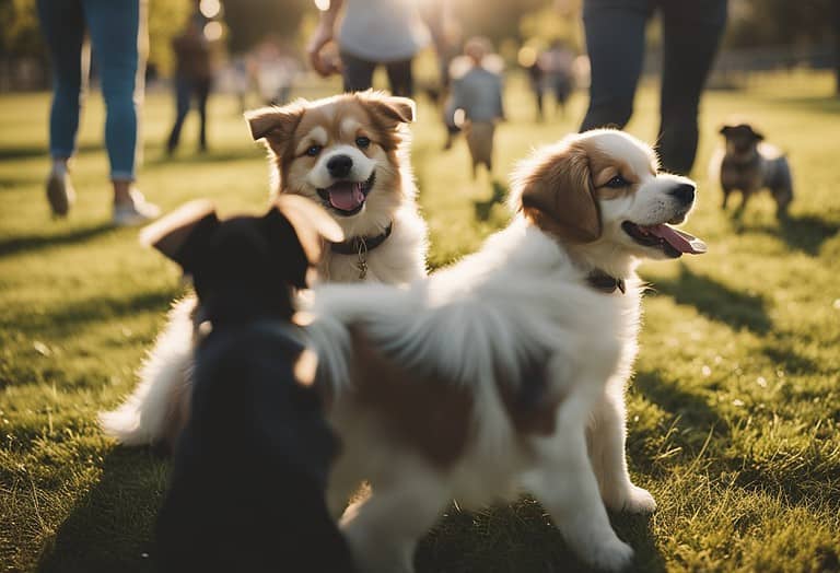 Adorable puppies enjoying a park walk with people in the background.
