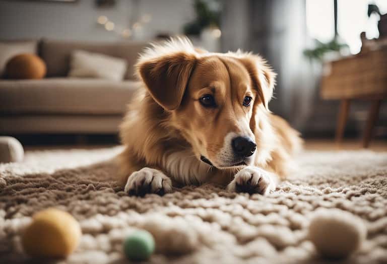 Adorable puppy lying on a cozy rug with colorful toys, indoor setting, perfect for pet care and dog training.