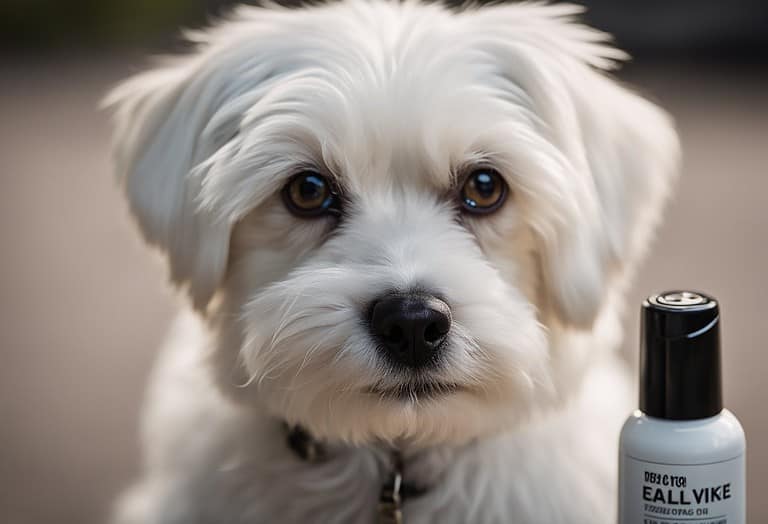 Adorable white dog with grooming spray, emphasizing pet grooming, health, and care services.