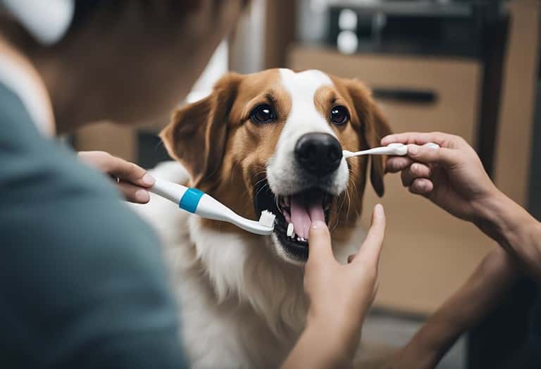 Close-up of veterinarian brushing a lovable dog’s teeth for dental health.