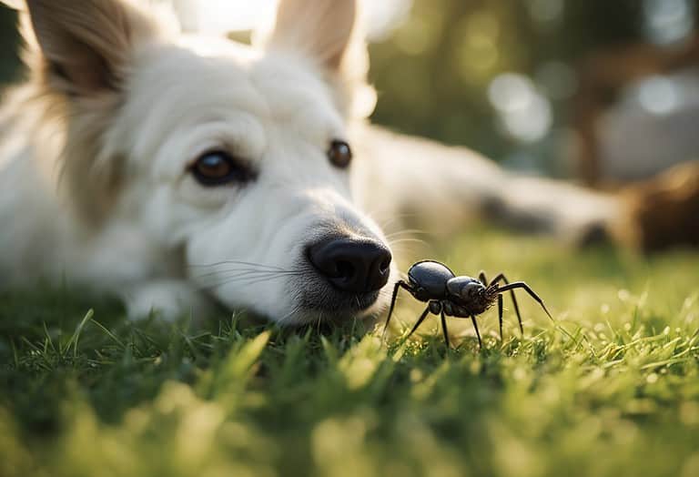 Close-up of a white dog with brown eyes lying on grass, observing an ant, outdoors, natural lighting.
