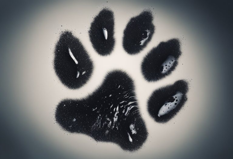Dog paw print design with ink splatter effect, featuring a sleek black silhouette on a light background.