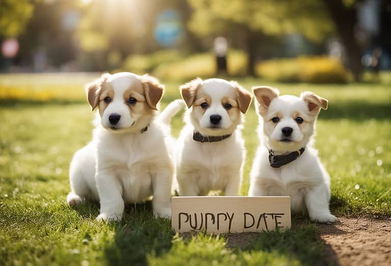 Cute puppy siblings sitting with "Puppy Date" sign outdoors.