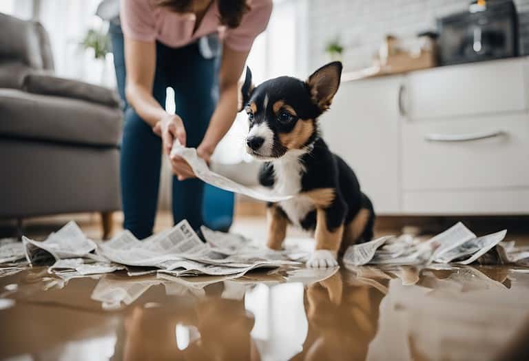 A puppy surrounded by torn newspaper on the floor inside a home.