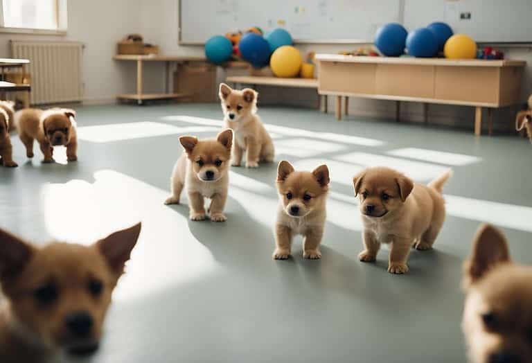 Adorable puppies in a training room practicing socialization and obedience exercises.