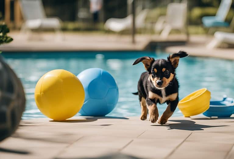 Cute puppy playing by swimming pool with colorful beach balls and toys - perfect for dog pool fun.