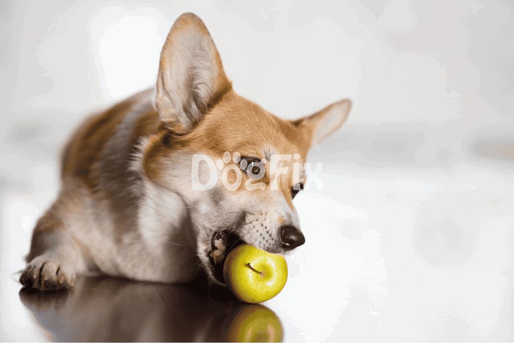 Adorable dog chewing green apple, highlighting pet nutrition and health care from Dogfix.com.
