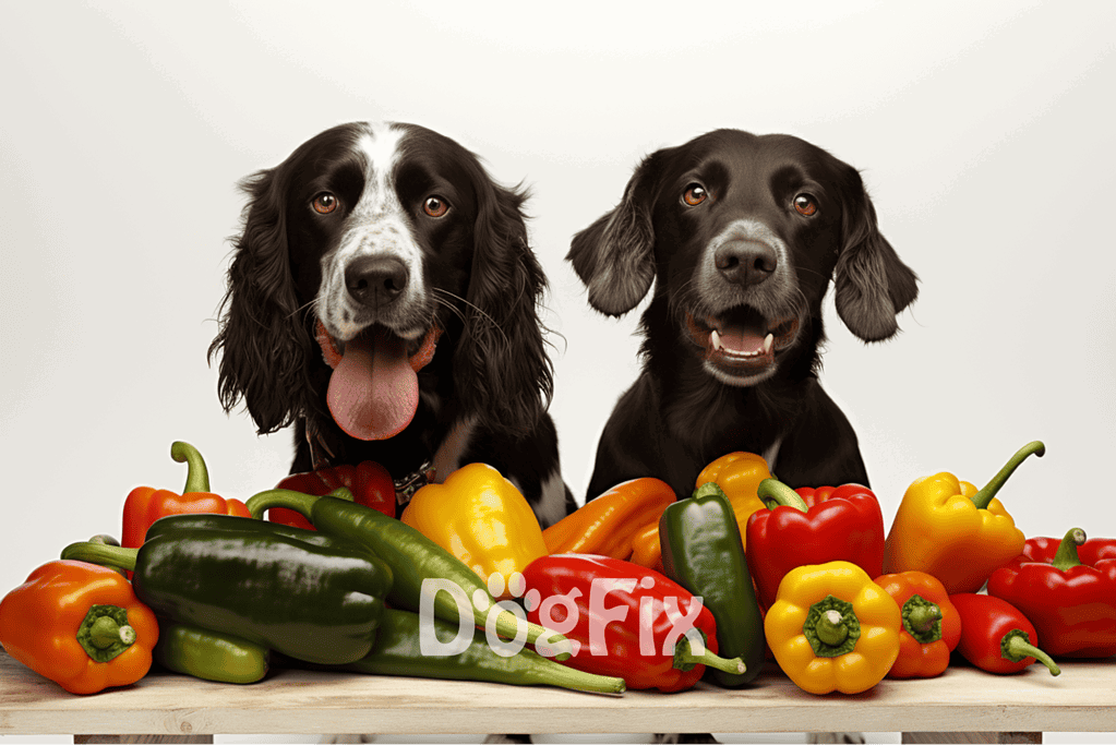 Adorable dogs with colorful peppers for healthy pet lifestyle.