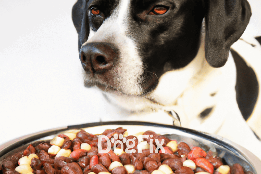 Close-up of a black and white dog with a food bowl filled with nutritious meat and vegetables, emphasizing pet health and nutrition.
