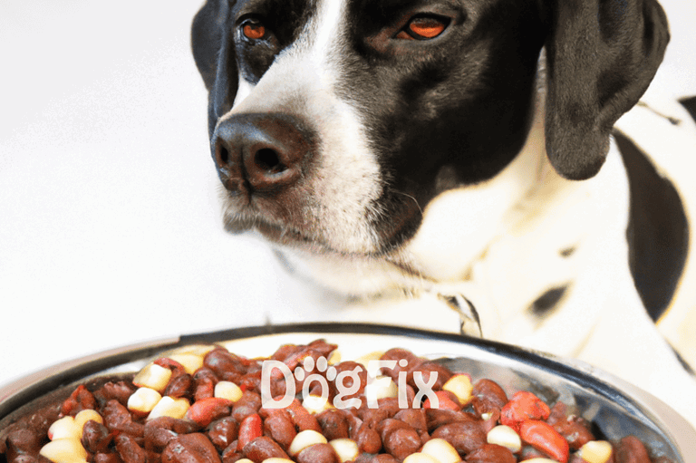 Close-up of a black and white dog with a food bowl filled with nutritious meat and vegetables, emphasizing pet health and nutrition.