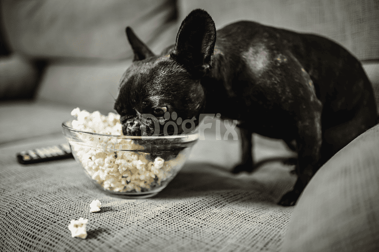 French Bulldog eating popcorn from glass bowl at home.