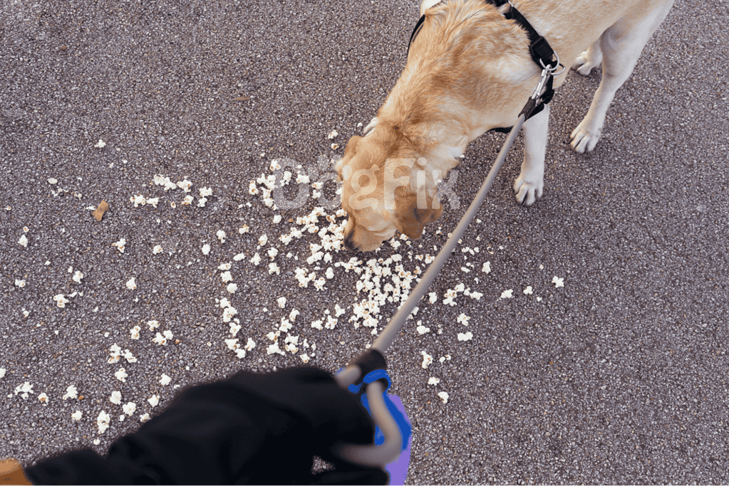Dog eating popcorn on gravel ground, supervised walk, cheerful pet, healthy dog treats, outdoor activity.