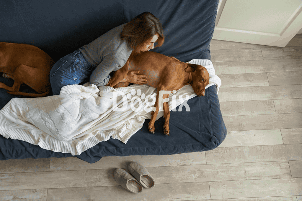 Comfortable dog lying on couch receiving massage from owner.