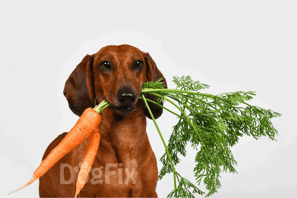 Dog holding fresh carrot in mouth, healthy treats for dogs, nutritious pet snacks image.