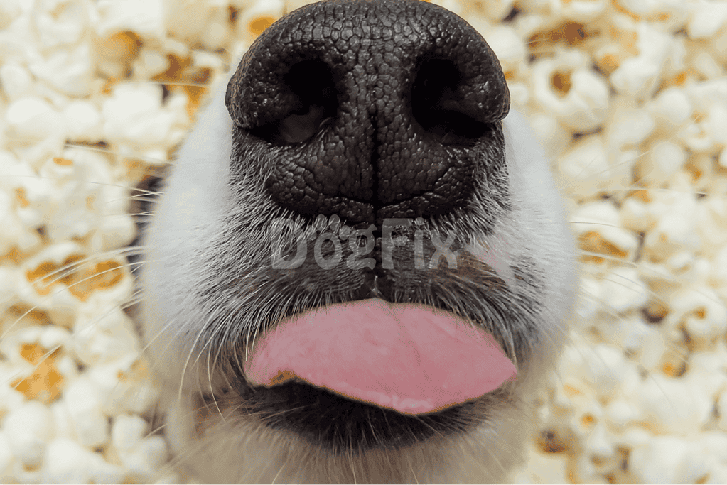 Close-up of a dog’s nose and tongue among popcorn. Perfect for pet care and dog grooming content.