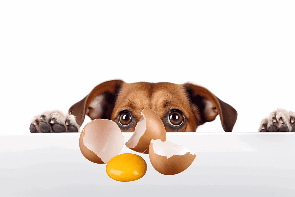 Cheerful puppy peeking over food bowl with eggshells and yolk, playful and cute dog pet care concept.