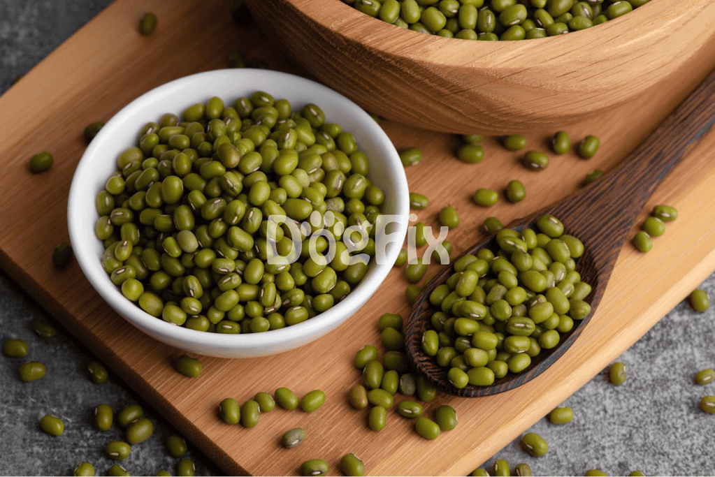 Bright green mung beans in bowls and spoon, ideal ingredients for nutritious dog diets.